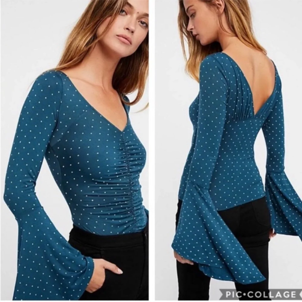 🍀 3/$30 We the Free what a babe polka dot ruched cinched bell sleeve bohemian XS - Picture 3 of 13